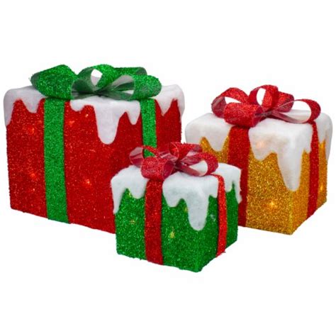 Northlight Set of 3 Lighted Green Gift Boxes with Red 